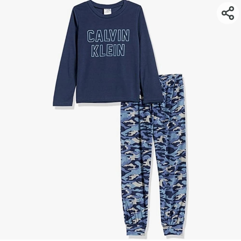 Calvin Klein Boys' Fleece Pajama Pants 2 Piece PJ Set Blue Camo Size S (6-7)